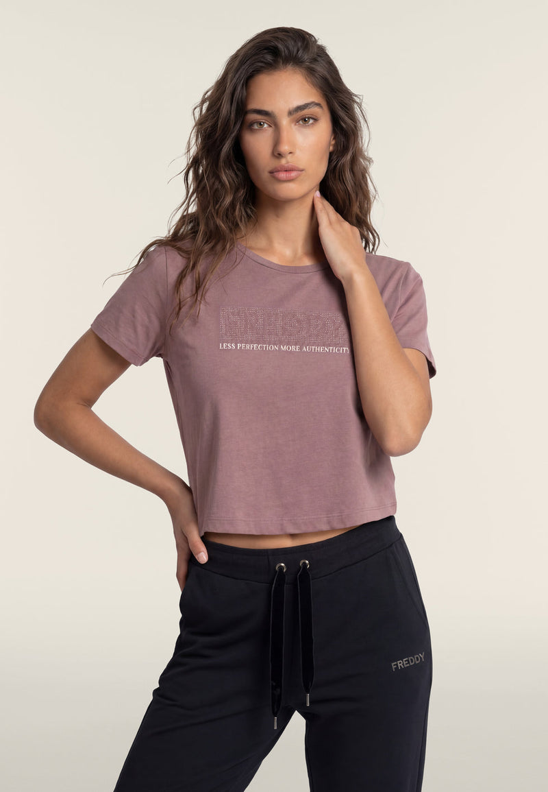 Carica immagine in Galleria Viewer, T-shirt Regular Donna con Logo Decorato da Borchie