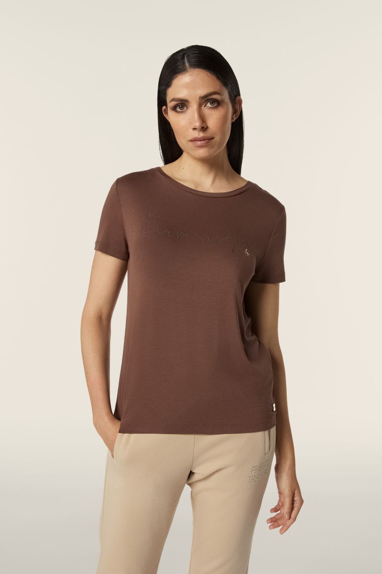 Carica immagine in Galleria Viewer, T-shirt donna in jersey di viscosa con stampa oro rosa