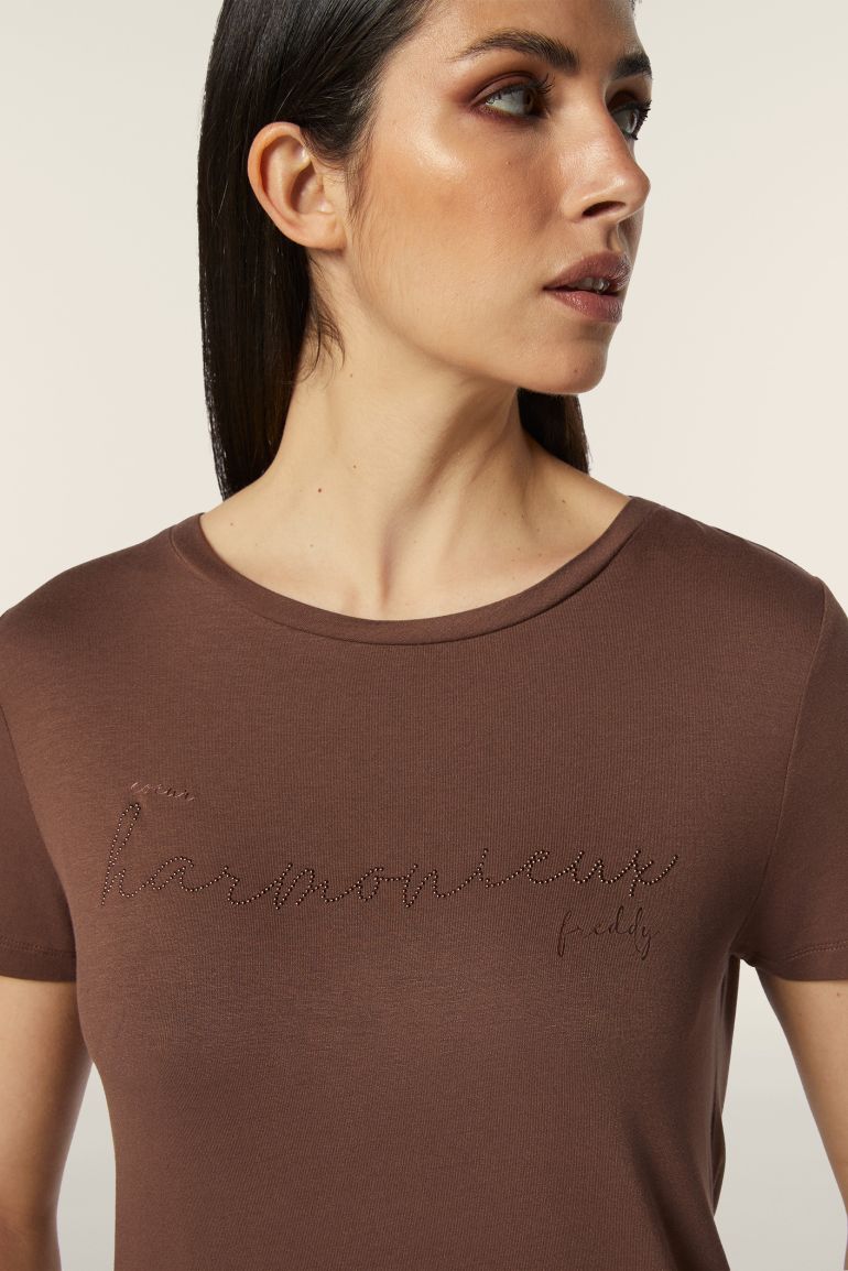 Carica immagine in Galleria Viewer, T-shirt donna in jersey di viscosa con stampa oro rosa