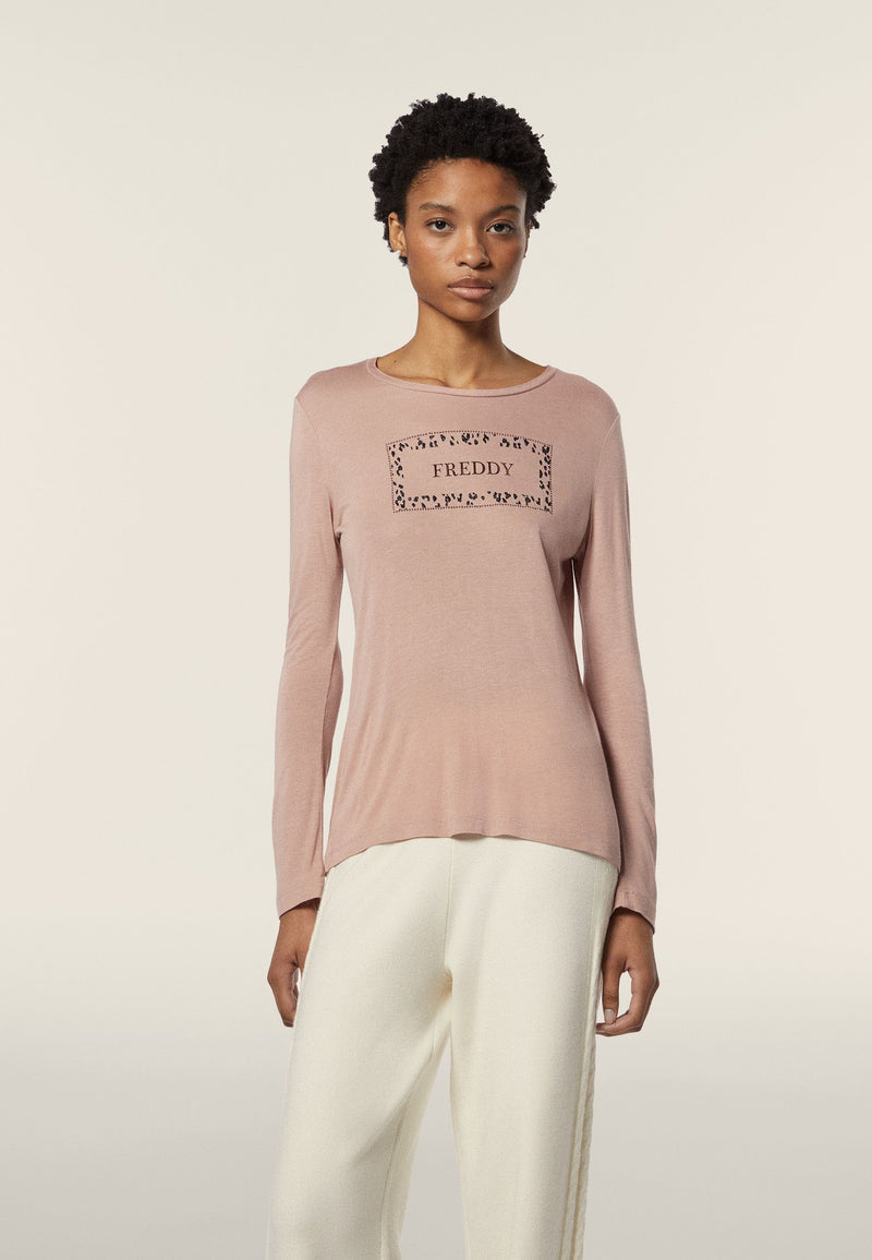 Carica immagine in Galleria Viewer, T-shirt donna manica lunga con stampa animalier oro rosa