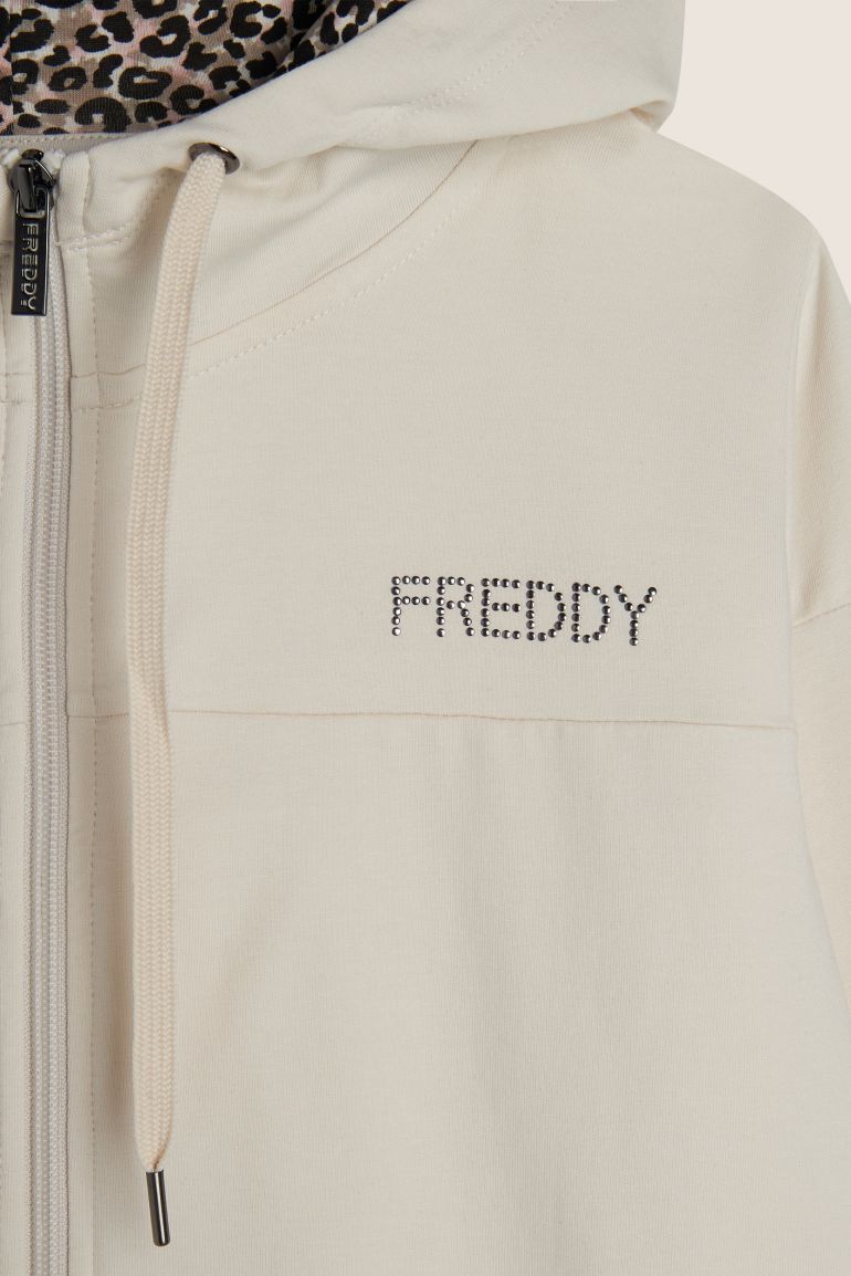 Carica immagine in Galleria Viewer, Tuta donna Freddy in felpa con zip e cappuccio foderato animalier