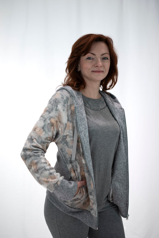 Giacca tuta donna con cappuccio grigio e fantasia fiori