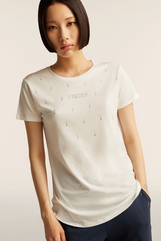 T-Shirt in jersey modal con Strass e Taglio Arrotondato