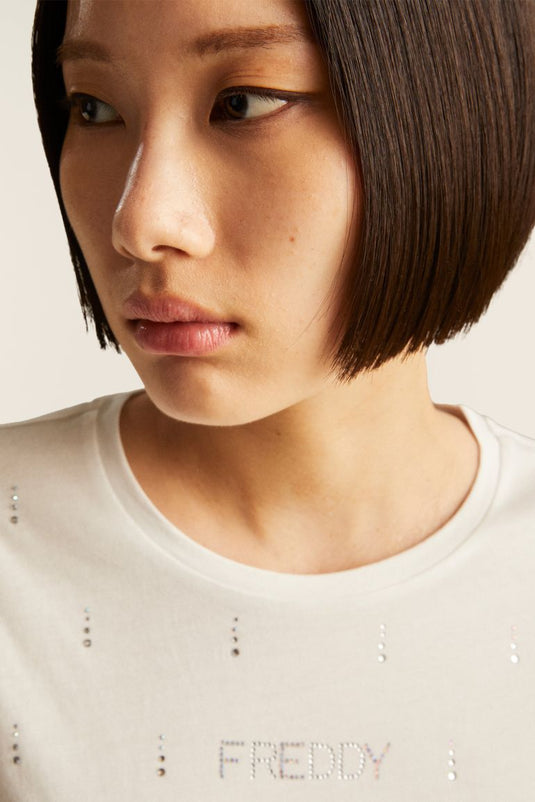 T-Shirt in jersey modal con Strass e Taglio Arrotondato
