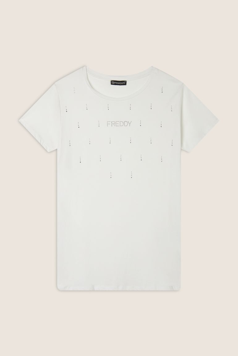 Carica immagine in Galleria Viewer, T-Shirt in jersey modal con Strass e Taglio Arrotondato