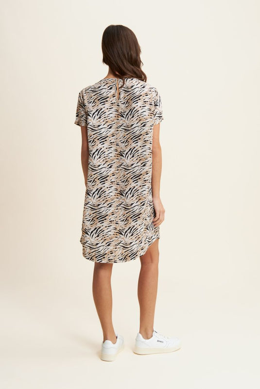Vestito midi in viscosa animalier con maniche corte