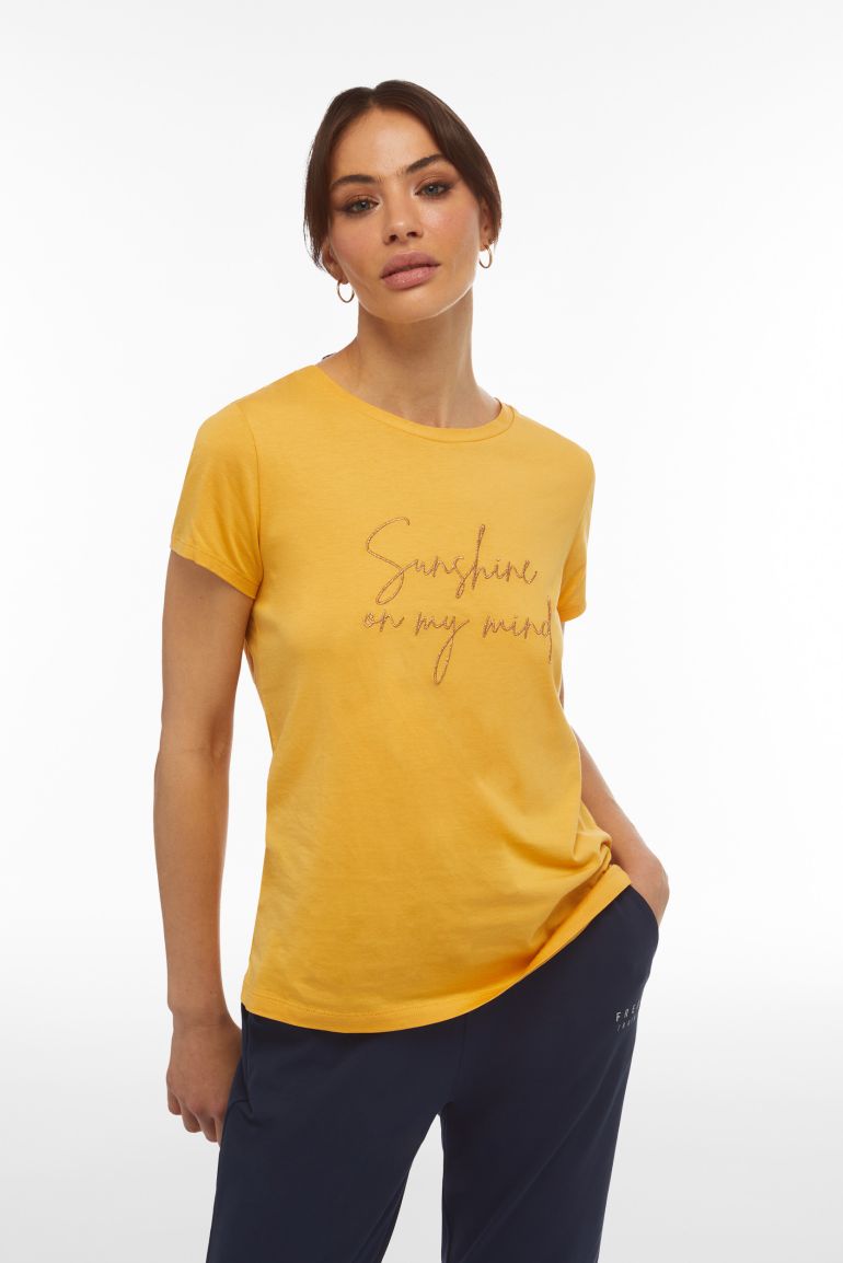 Carica immagine in Galleria Viewer, T-shirt donna in jersey modal con ricamo dorato