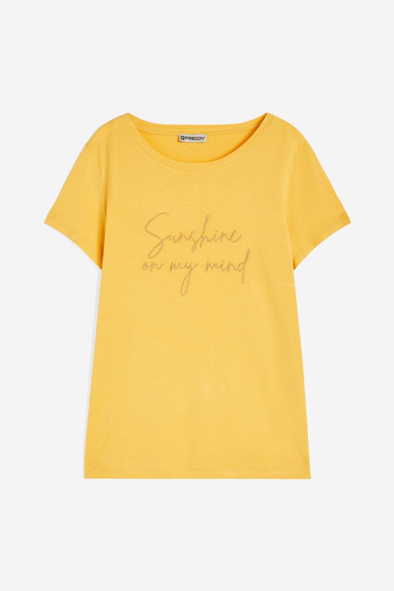 Carica immagine in Galleria Viewer, T-shirt donna in jersey modal con ricamo dorato