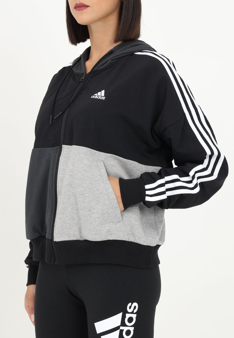 Carica immagine in Galleria Viewer, Felpa Adidas con zip nera da donna con ricamo logo e tre strisce iconiche
