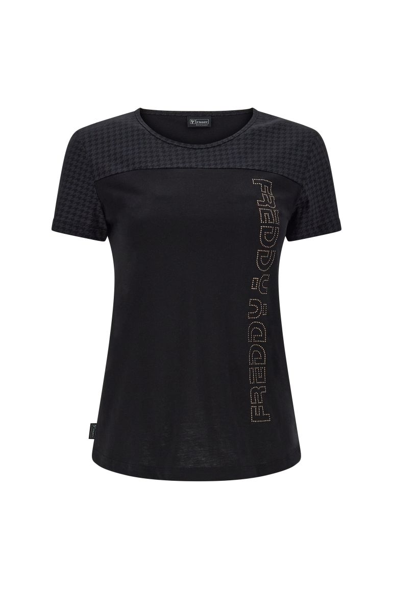 Carica immagine in Galleria Viewer, T-shirt carré e maniche pied de poule grafica in strass