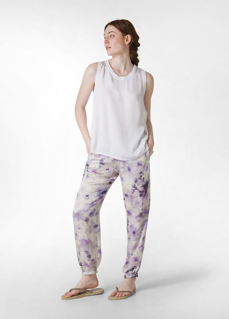 Carica immagine in Galleria Viewer, PANTALONE JOGGER IN RASO STAMPATO VIOLA
