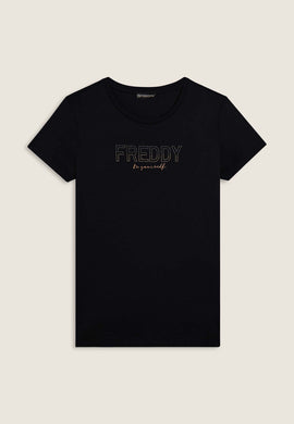 T-shirt donna con mini spacchi laterali e logo in strass