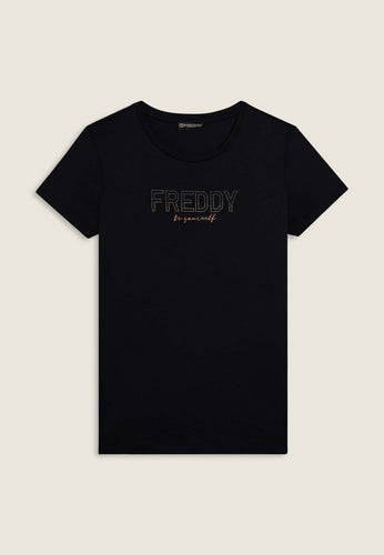 T-shirt donna con mini spacchi laterali e logo in strass
