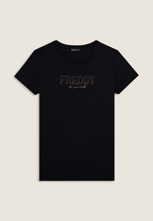 T-shirt donna con mini spacchi laterali e logo in strass