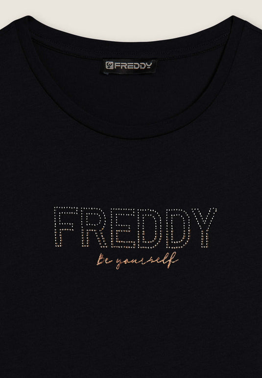 T-shirt donna con mini spacchi laterali e logo in strass