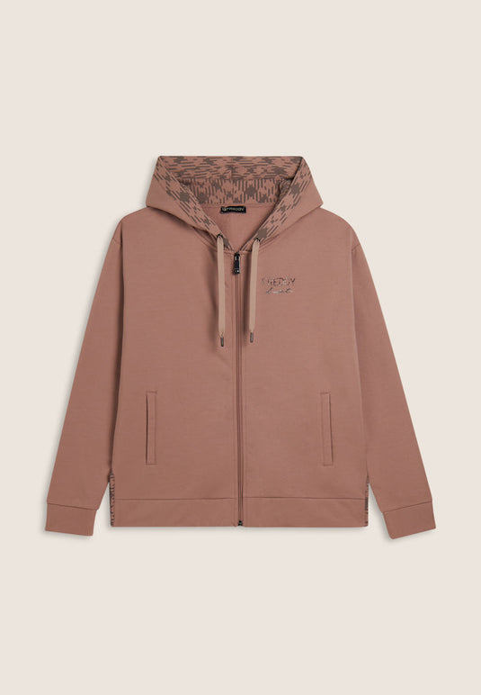 Felpa con cappuccio foderato fantasia e zip frontale