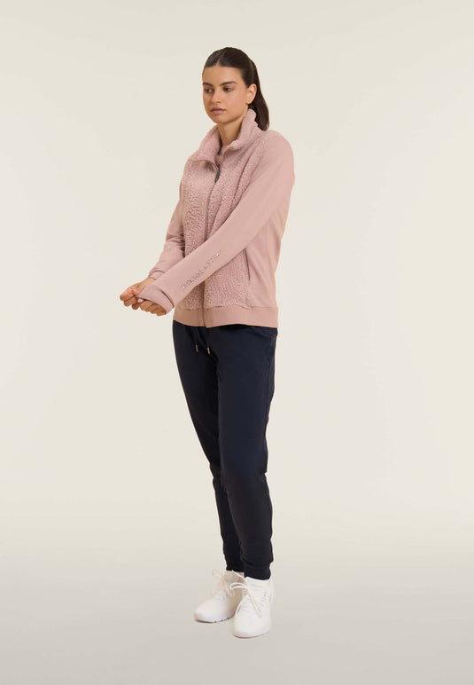 Felpa con zip, collo e fronte in sherpa, logo borchie
