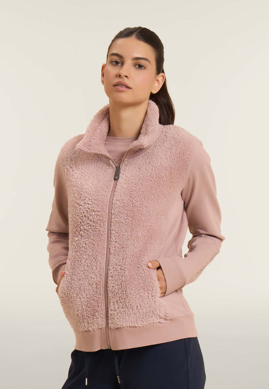 Felpa con zip, collo e fronte in sherpa, logo borchie