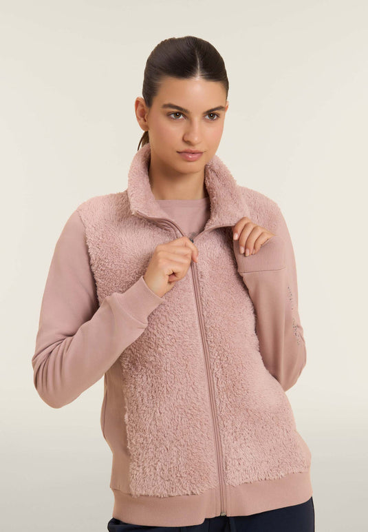 Felpa con zip, collo e fronte in sherpa, logo borchie