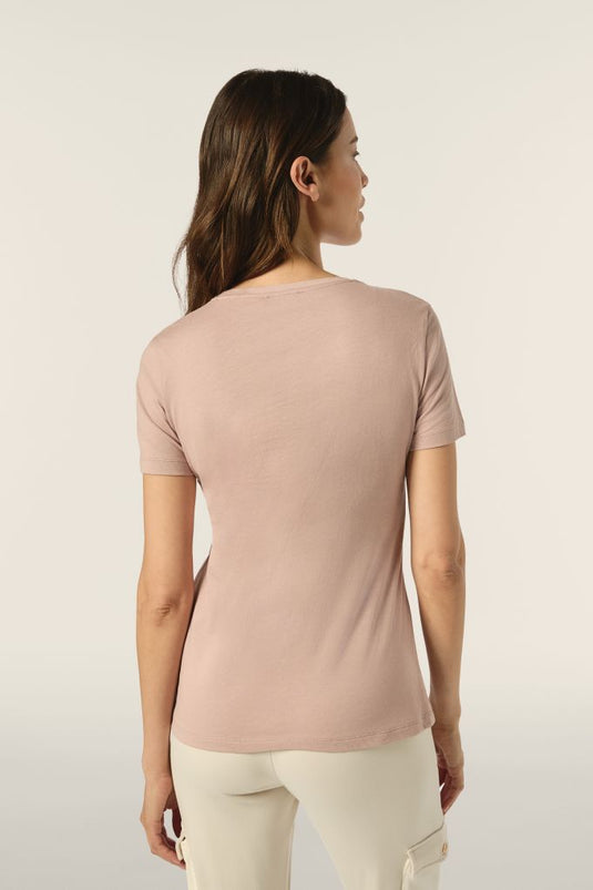 T-shirt donna in jersey di viscosa con stampa oro rosa