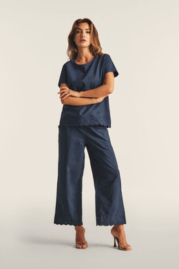 Pantaloni wide leg in cotone navetta con ricami Sangallo