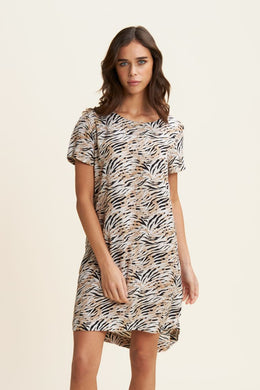 Vestito midi in viscosa animalier con maniche corte
