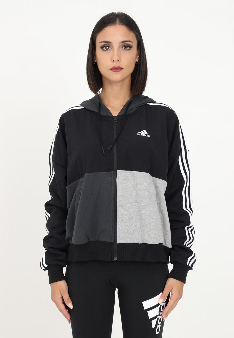 Carica immagine in Galleria Viewer, Felpa Adidas con zip nera da donna con ricamo logo e tre strisce iconiche
