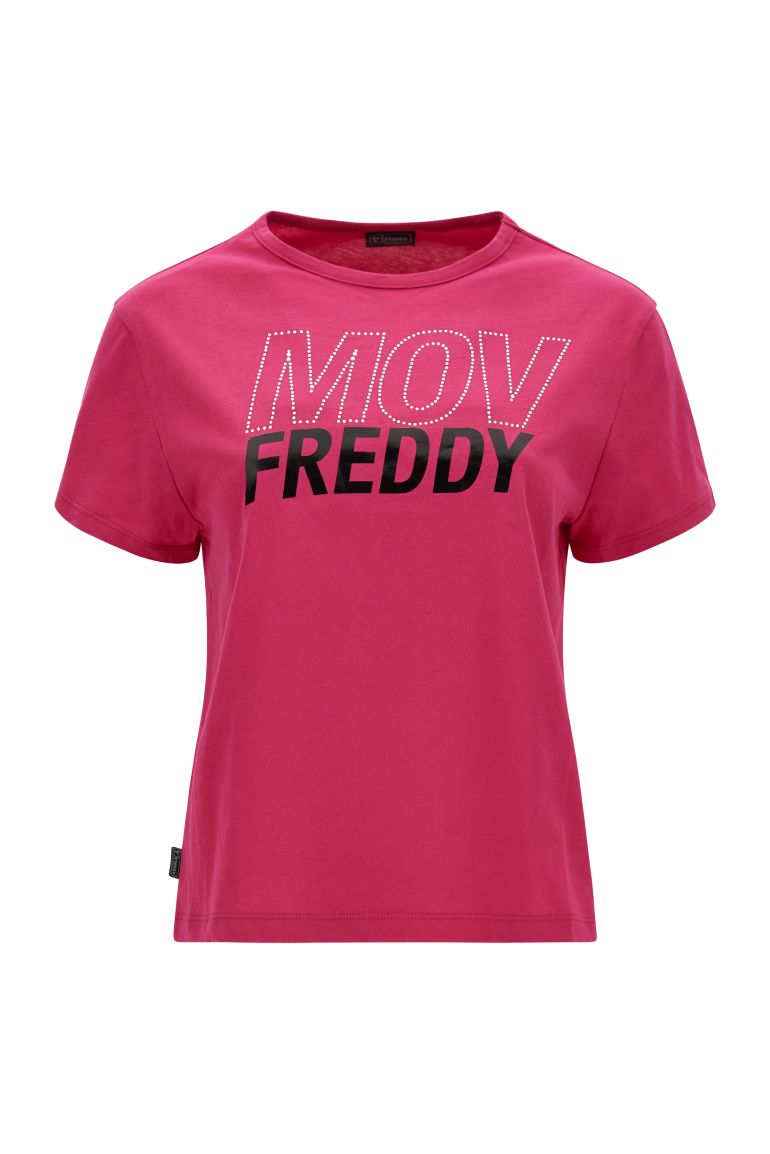 Carica immagine in Galleria Viewer, T-shirt FREDDY cropped con grafica MOV strass e nero lucido

