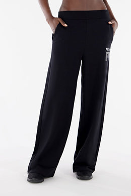 Pantaloni wide leg in modal con stampa in strass e glitter