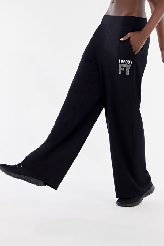 Pantaloni wide leg in modal con stampa in strass e glitter
