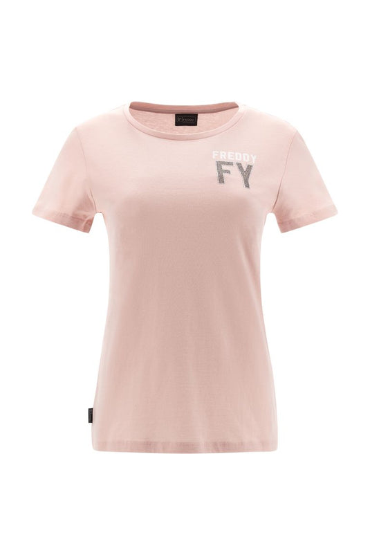 T-shirt con grafica in strass cristallo e glitter rosa o bianco FRWCXT1