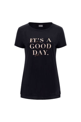 T-shirt in jersey modal con maxi stampa e inserto in satin