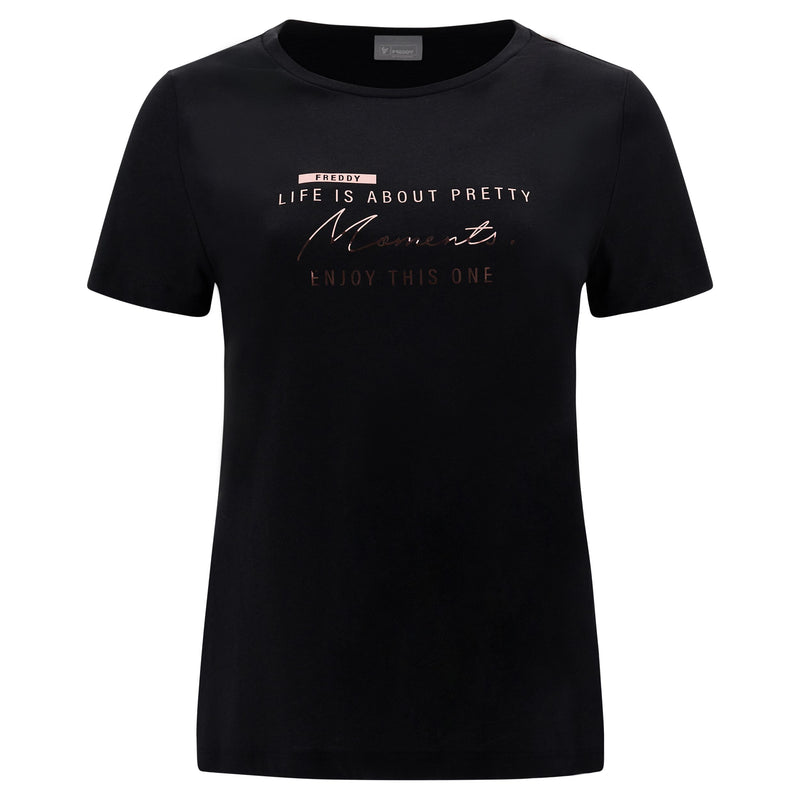 Carica immagine in Galleria Viewer, T-shirt in jersey modal con lettering oro rosa
